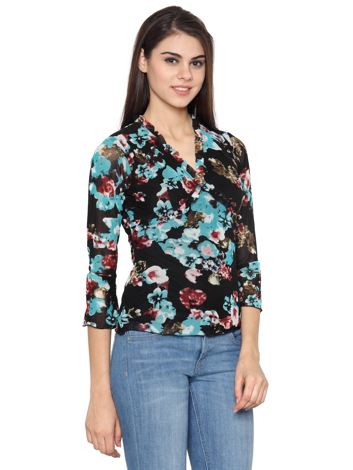Ruffled 3/4th sleeve printed regular top